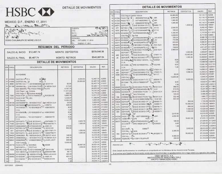 Estado de cuenta del banco HSBC.
