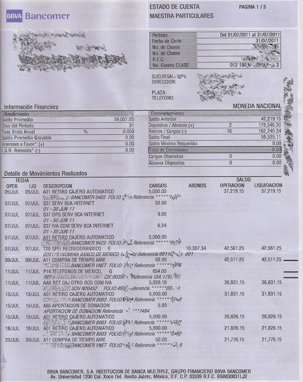 Estado de cuenta del banco BBVA.