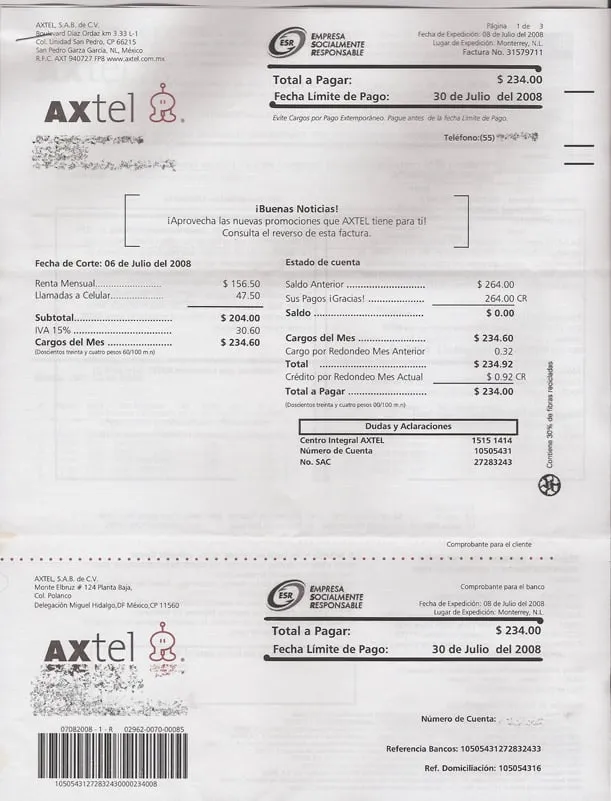 Recibo telef&oacute;nico.