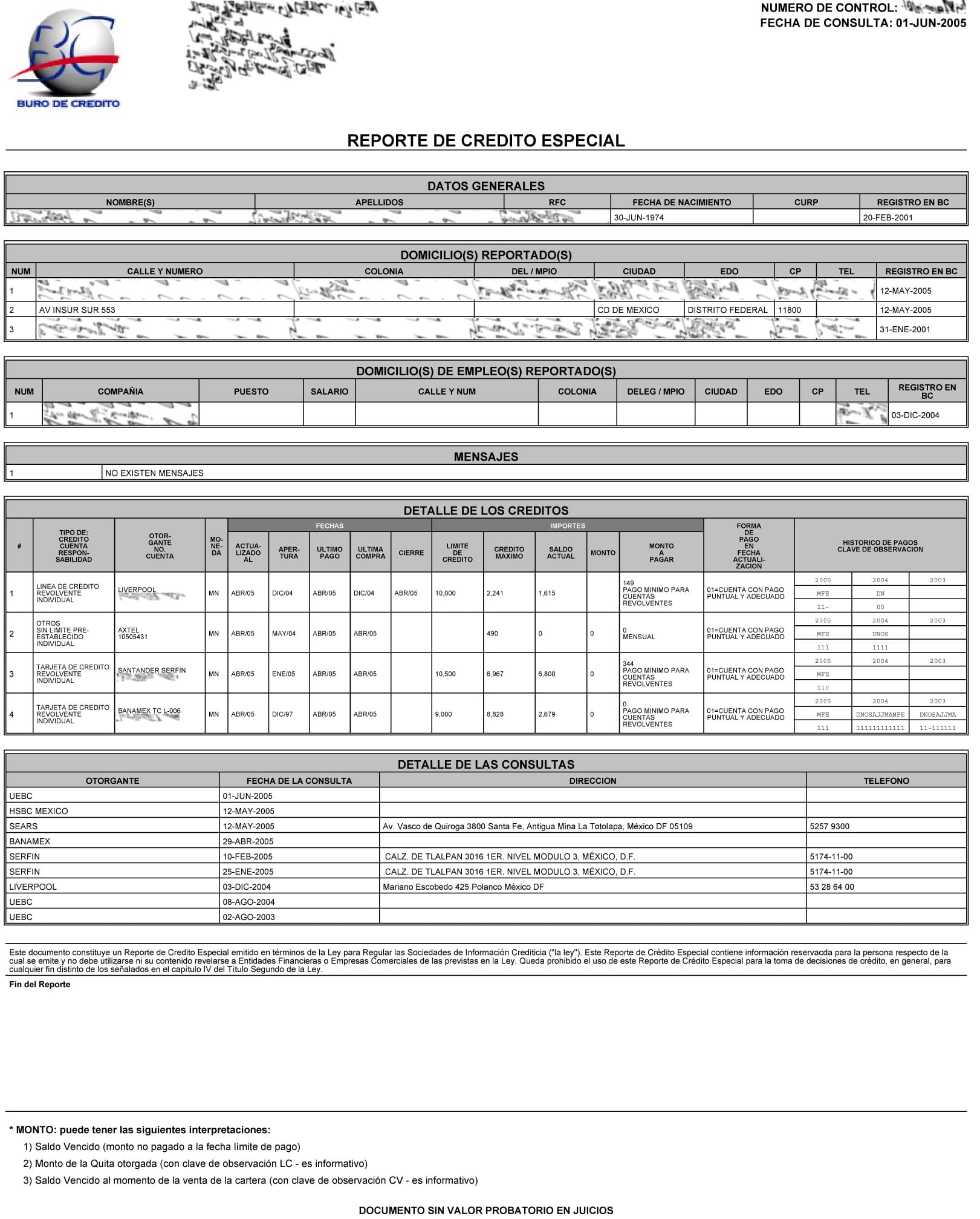 Reporte especial de buró de crédito.