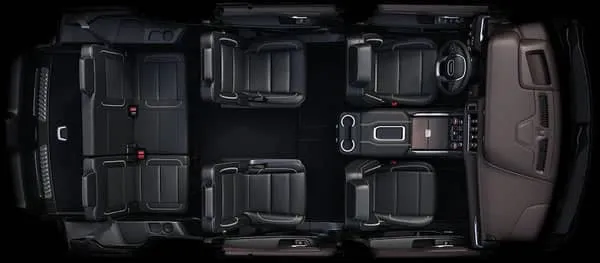 Cabina interior y arreglo de asientos de la GMC Yukon.